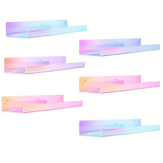 6-Pack Rainbow Acrylic Floating Shelves With Mounting Kit, Wall-Mounted Kids' Shelving For Books, Nail Polish Rack, Perfume Display Wall Shelf For Bedroom, Living Room, Bathroom