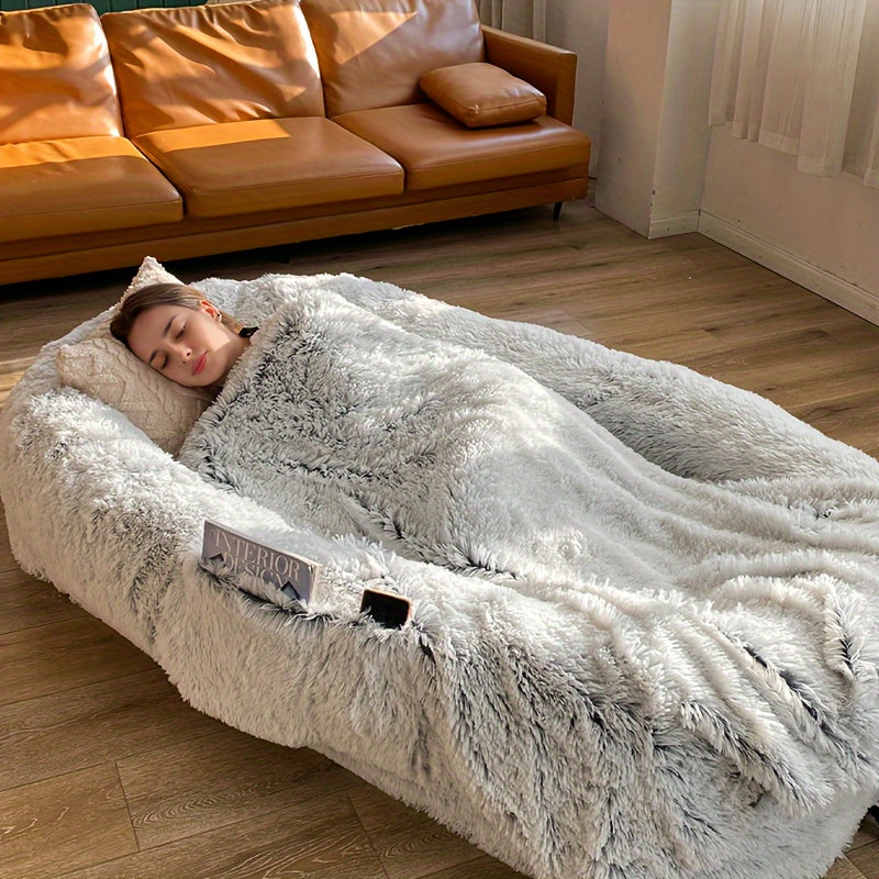 Gray Luxurious Orthopedic Memory Foam Dog Bed - Human-Sized, Washable Faux Fur, Includes Full Pillow, Blanket & Cushion - Ideal for Napping & Snuggling