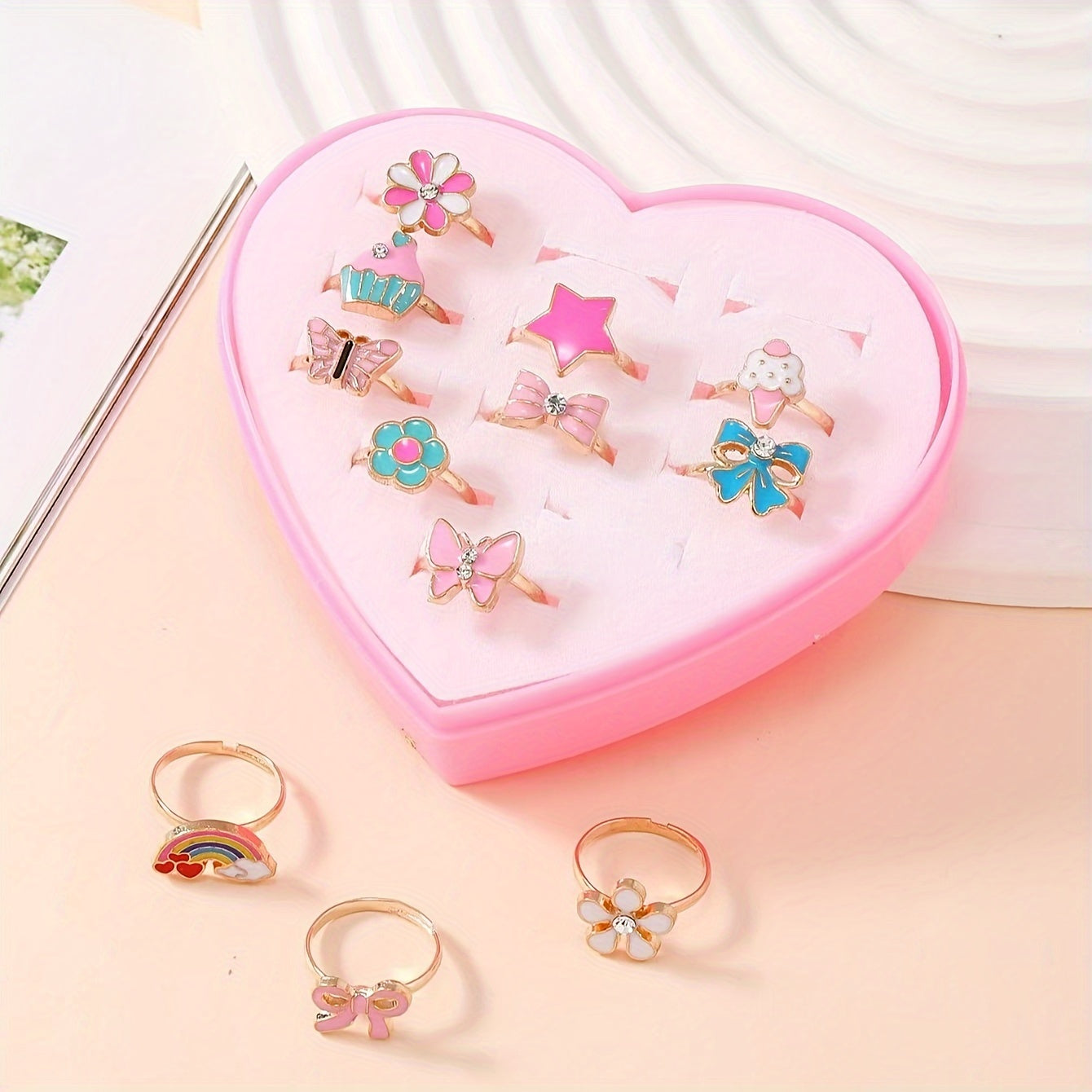 12pcs Cute Cartoon Princess Ring Set for Kids Girls, Zinc Alloy, Assorted Designs in Gift Box
