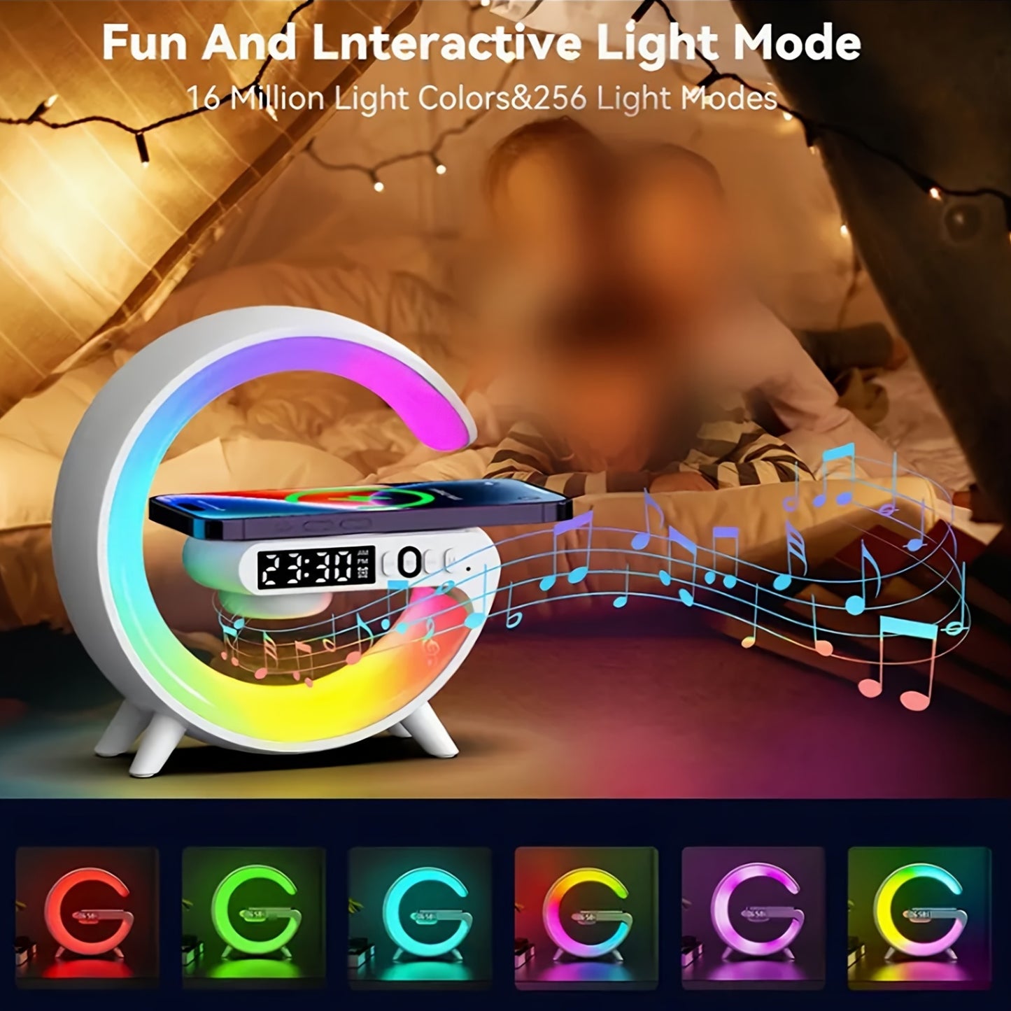 [Wireless Speaker] 1pc Kouzone Wireless Speaker | Dimmable Alarm Clock, Sunrise Simulation, Tabletop Mono Sound Machine with Night Light, USB Type-C, Button Control, 5.2 Surround Sound, Rechargeable Lithium Polymer Battery, I
