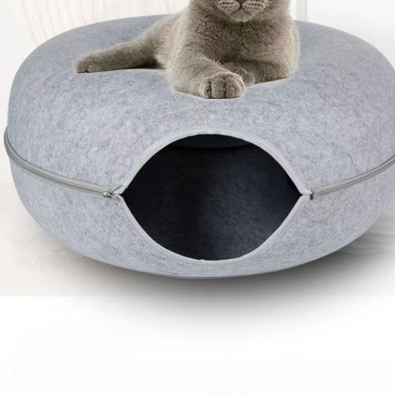 Large Cat Tunnel Bed with Detachable Round Felt and Washable Interior - Perfect Indoor Cat House and Play Tunnel for Small Pets