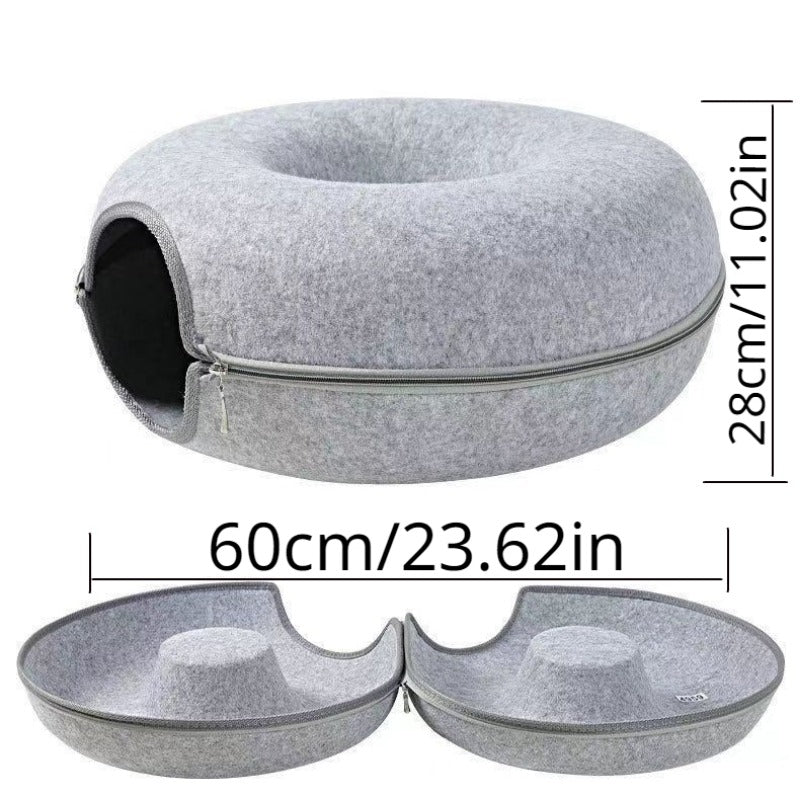 Large Cat Tunnel Bed with Detachable Round Felt and Washable Interior - Perfect Indoor Cat House and Play Tunnel for Small Pets