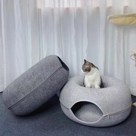 Large Cat Tunnel Bed with Detachable Round Felt and Washable Interior - Perfect Indoor Cat House and Play Tunnel for Small Pets