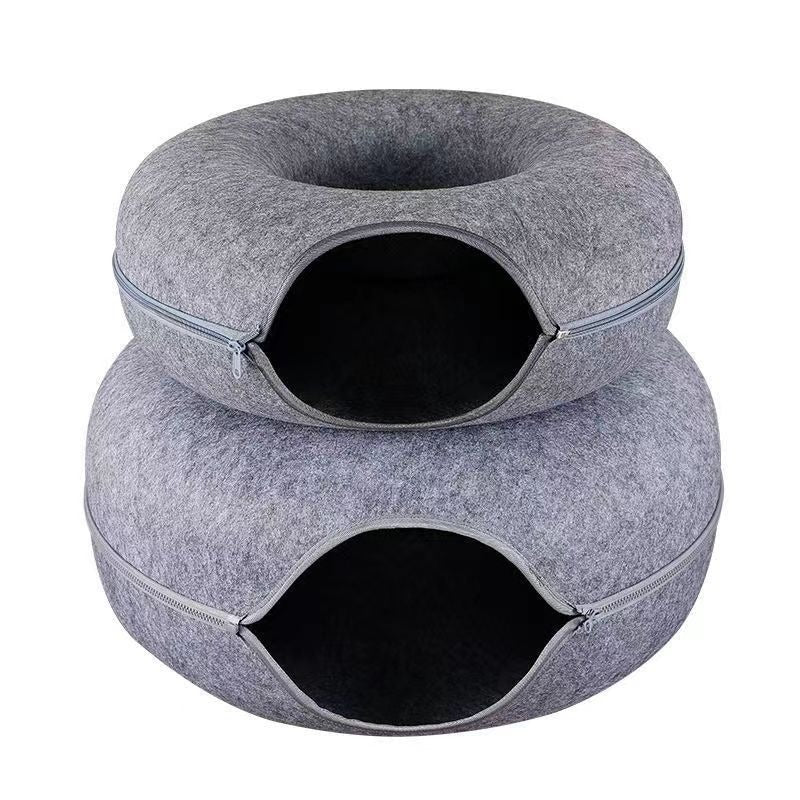 Large Cat Tunnel Bed with Detachable Round Felt and Washable Interior - Perfect Indoor Cat House and Play Tunnel for Small Pets