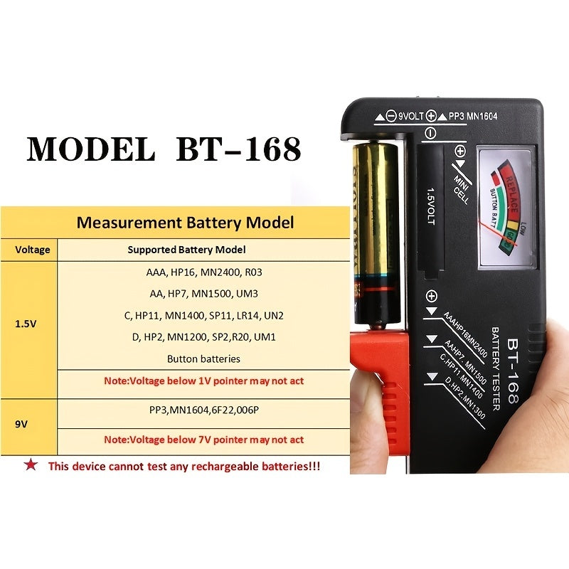 BT-168 Universal Battery Tester - Quickly Check AA/AAA/C/D/9V/1.5V Batteries With Colour-Coded Meter Indicators!