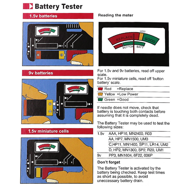 BT-168 Universal Battery Tester - Quickly Check AA/AAA/C/D/9V/1.5V Batteries With Colour-Coded Meter Indicators!