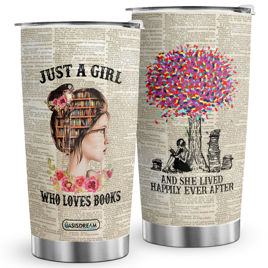 20 Oz Just A Girl Who Loves Books Travel Tumbler - Durable Stainless Steel, Vacuum Insulated, Spill-Proof Lid for Cold & Hot Beverages, Perfect for Bookworms On-the-Go