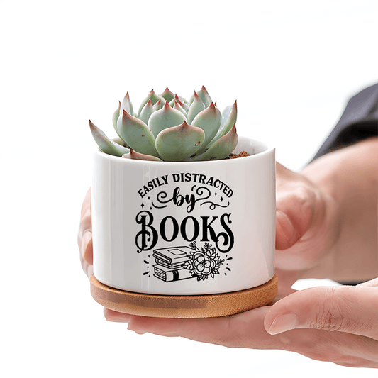 "Easily Distracted by Books" Ceramic Planter with Bamboo Saucer - High-Quality Ceramics - Perfect Gift for Book Lovers - Suitable for Ages 14+ - No Feathers - No Power Required - Ideal for Home, Office, or Desk Decor