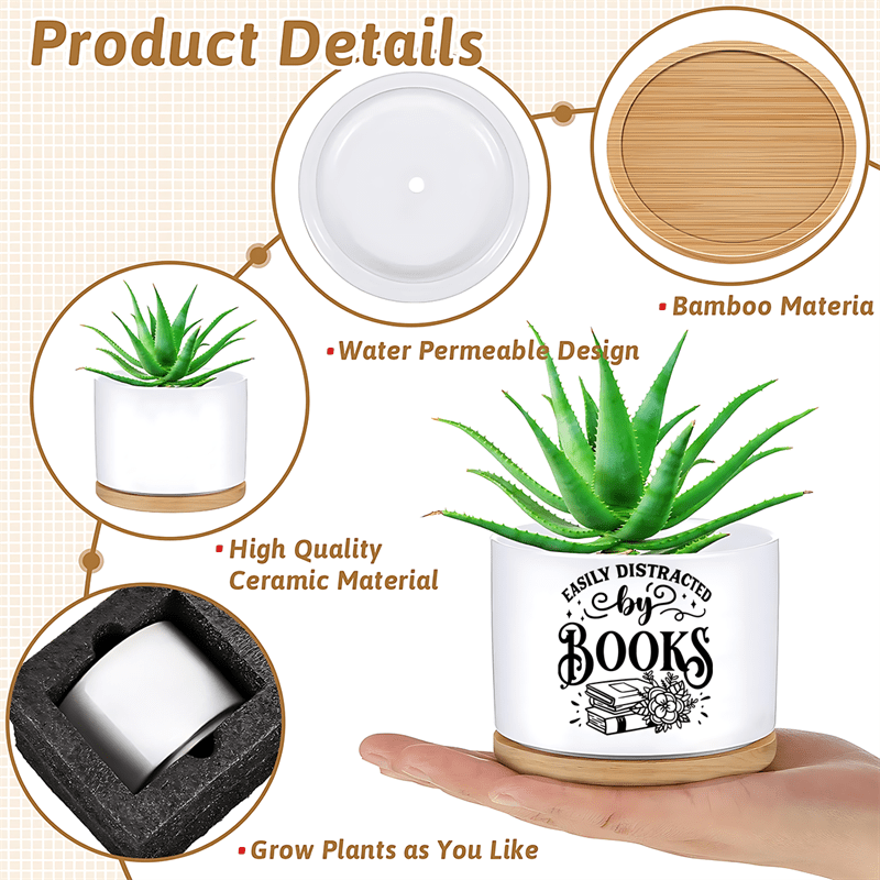 "Easily Distracted by Books" Ceramic Planter with Bamboo Saucer - High-Quality Ceramics - Perfect Gift for Book Lovers - Suitable for Ages 14+ - No Feathers - No Power Required - Ideal for Home, Office, or Desk Decor