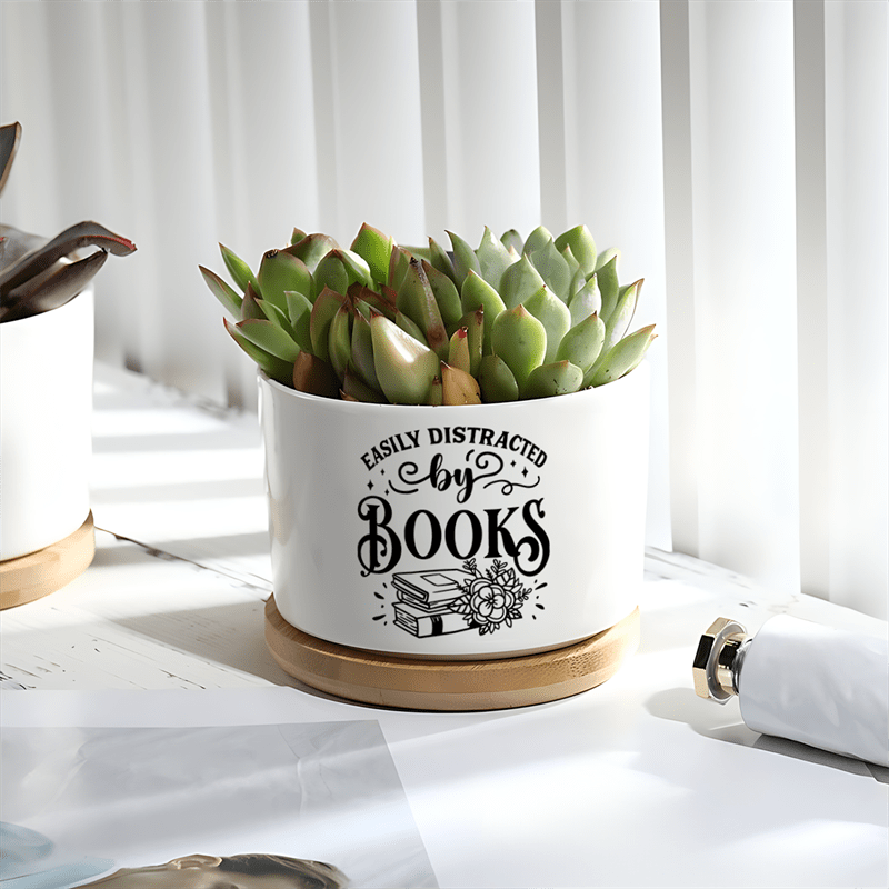 "Easily Distracted by Books" Ceramic Planter with Bamboo Saucer - High-Quality Ceramics - Perfect Gift for Book Lovers - Suitable for Ages 14+ - No Feathers - No Power Required - Ideal for Home, Office, or Desk Decor
