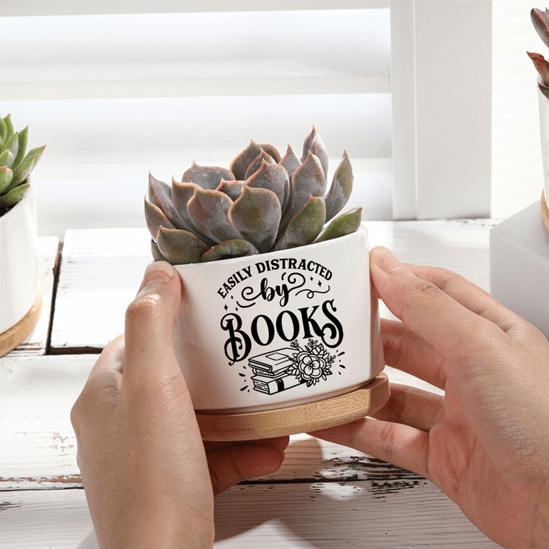 "Easily Distracted by Books" Ceramic Planter with Bamboo Saucer - High-Quality Ceramics - Perfect Gift for Book Lovers - Suitable for Ages 14+ - No Feathers - No Power Required - Ideal for Home, Office, or Desk Decor