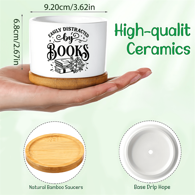"Easily Distracted by Books" Ceramic Planter with Bamboo Saucer - High-Quality Ceramics - Perfect Gift for Book Lovers - Suitable for Ages 14+ - No Feathers - No Power Required - Ideal for Home, Office, or Desk Decor