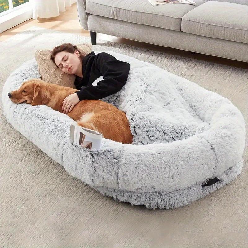 Gray Luxurious Orthopedic Memory Foam Dog Bed - Human-Sized, Washable Faux Fur, Includes Full Pillow, Blanket & Cushion - Ideal for Napping & Snuggling