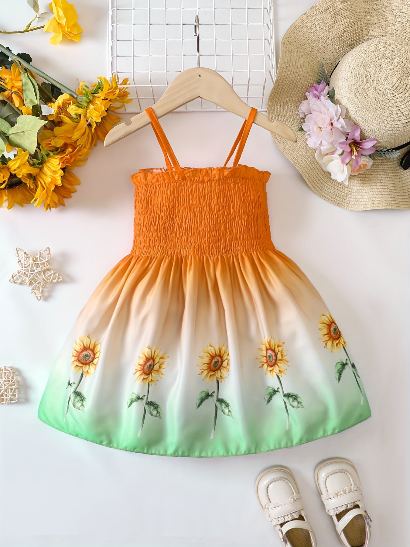 [Sunflower | Girls] Gradient Color Sunflower Princess Dress | Toddler Girls Shirred Cami Frill Trim | For Party Beach Vacation Kids Summer Clothes 4th Of July Outfit