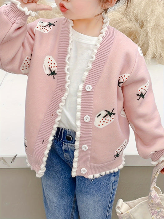 Girls' Stylish Fleece Sweater, Kids' Fashionable Warm Knitted Jacket for Toddlers and Babies