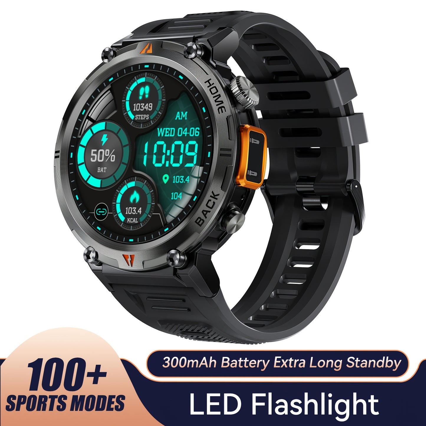 1pc JELLOO Men'S Smartwatch with 360p TFT Display, 1.45" Screen, 300mAh Rechargeable Battery, 3ATM Water Resistance, Wireless 5.2, USB Charging, LED Flashlight, Pedometer, Sports Modes, Compatible with iPhone & Android - Idea