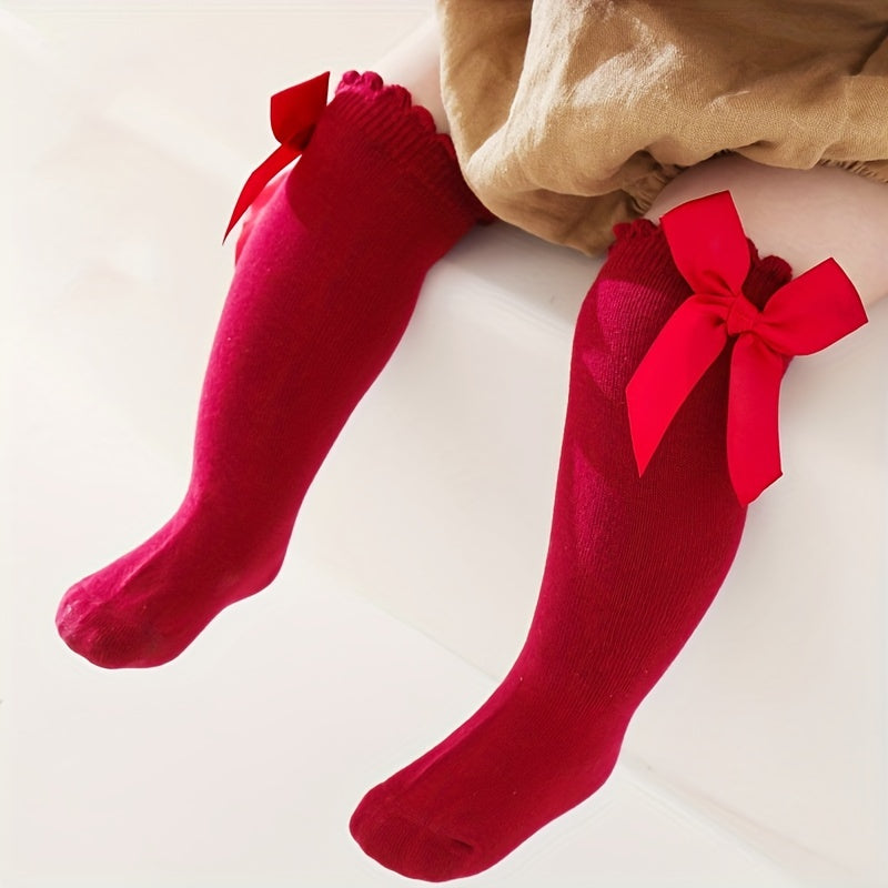 1pairs Baby Girls Cotton Big Bow Decor Cute Princess Over The Knee Socks, Girls Toddlers Kids Cute Lace Solid Color Long Stockings Dress Socks