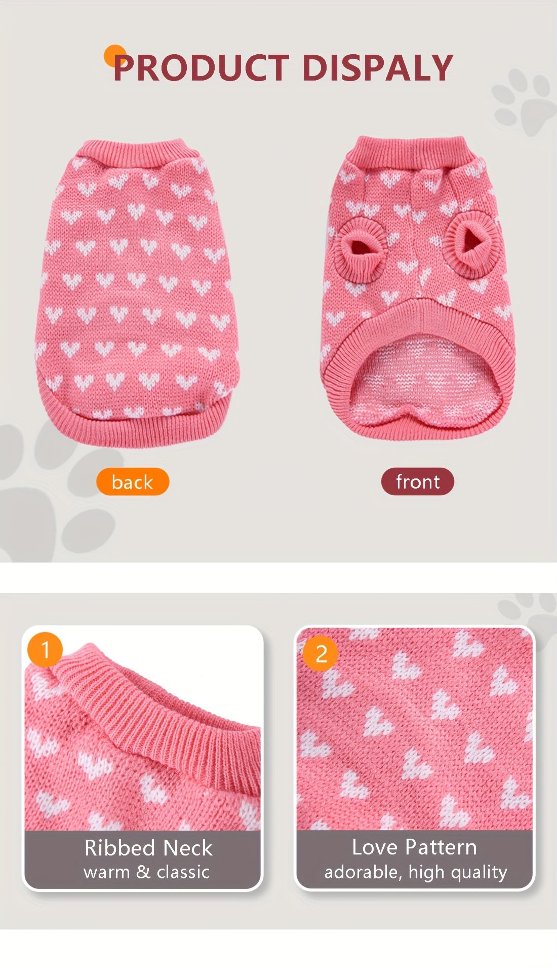 Dog Sweater with Pink Heart Design - Comfortable Knitwear for Dogs of All Sizes, Soft And Warm Pullover for Pets