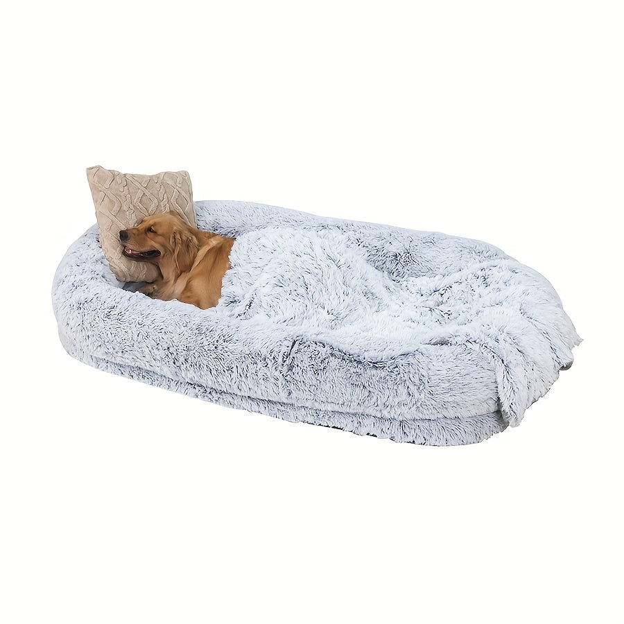 Gray Luxurious Orthopedic Memory Foam Dog Bed - Human-Sized, Washable Faux Fur, Includes Full Pillow, Blanket & Cushion - Ideal for Napping & Snuggling
