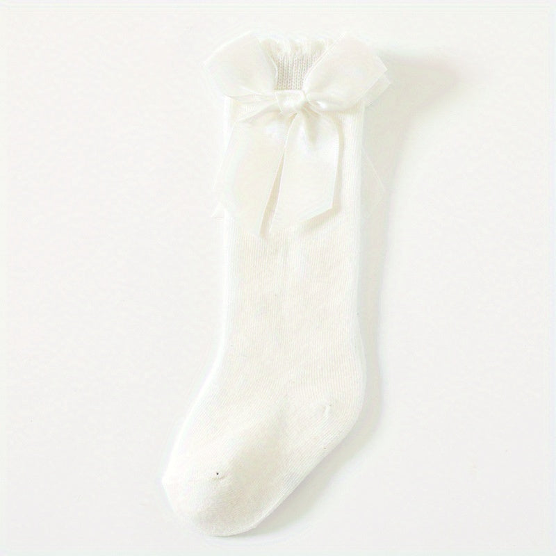 1pairs Baby Girls Cotton Big Bow Decor Cute Princess Over The Knee Socks, Girls Toddlers Kids Cute Lace Solid Color Long Stockings Dress Socks