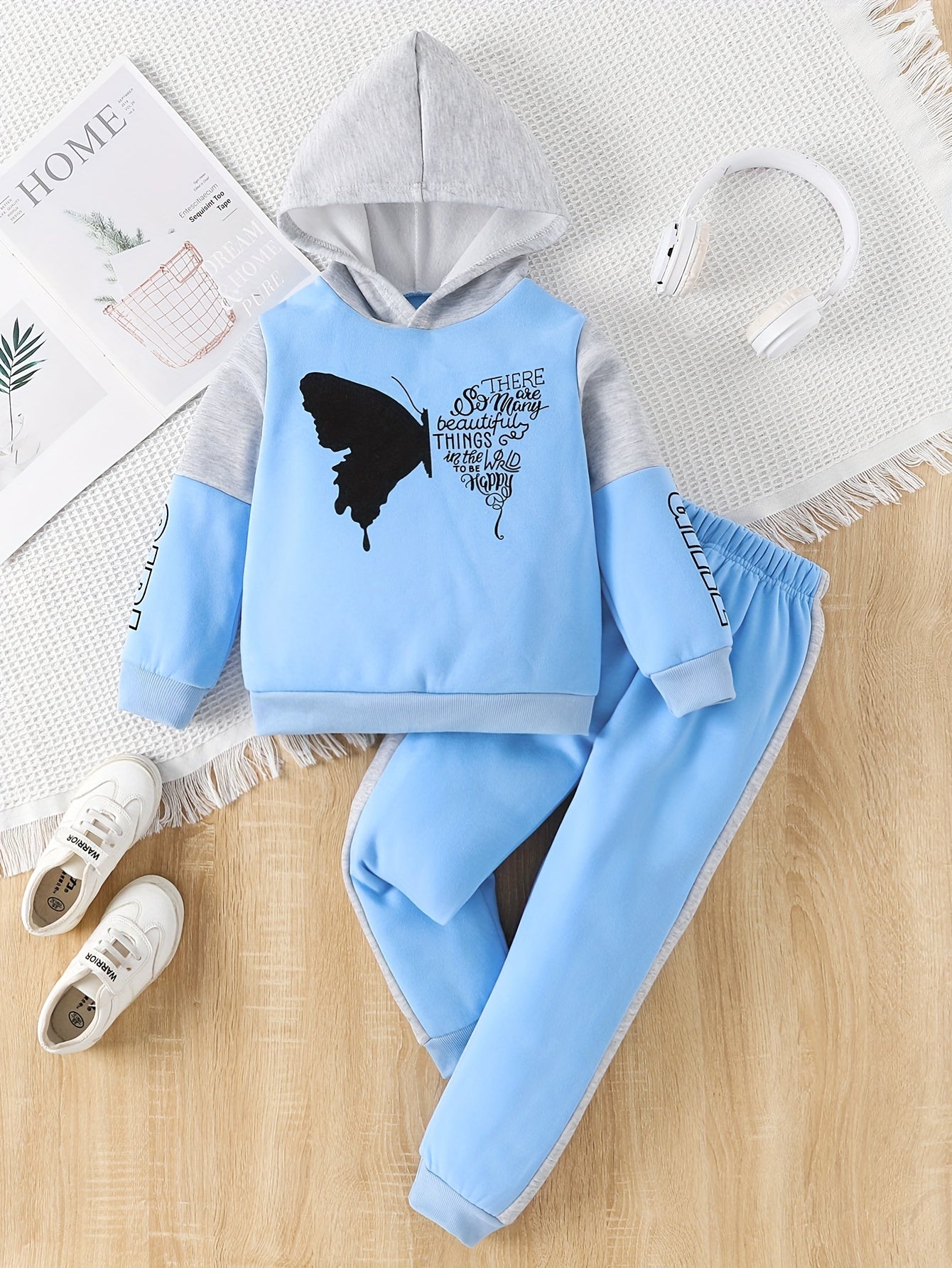 [For 4-12 Years Old Butterfly Sweatshirt] Girls 2-piece Butterfly Print Fleece Hooded Sweatshirt And Trousers Outdoor Set Kids Pre Teen Girls Warm Active outdoor clothes For 4-12 Years Old, Outdoor Cloth