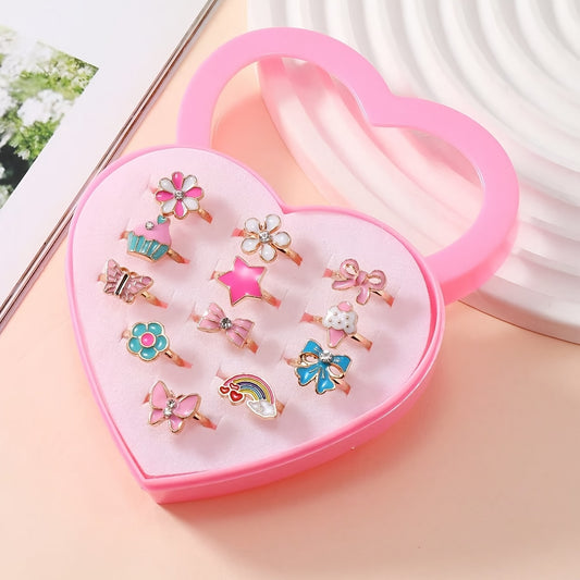 12pcs Cute Cartoon Princess Ring Set for Kids Girls, Zinc Alloy, Assorted Designs in Gift Box