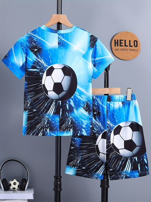 Boys Summer 2024 Collection, Casual Geometric-Patterned Soccer Ball Print, Knit Polyester with Slight Stretch, Loose Fit, Sporty Outfit Set for Kids, for Outdoor