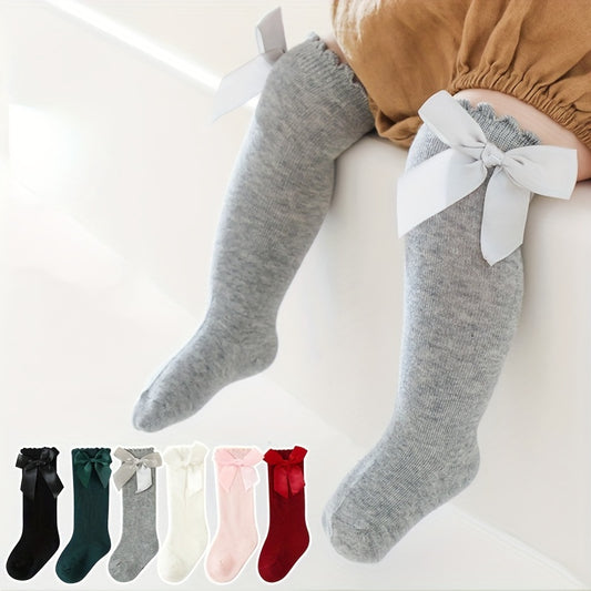 1pairs Baby Girls Cotton Big Bow Decor Cute Princess Over The Knee Socks, Girls Toddlers Kids Cute Lace Solid Color Long Stockings Dress Socks