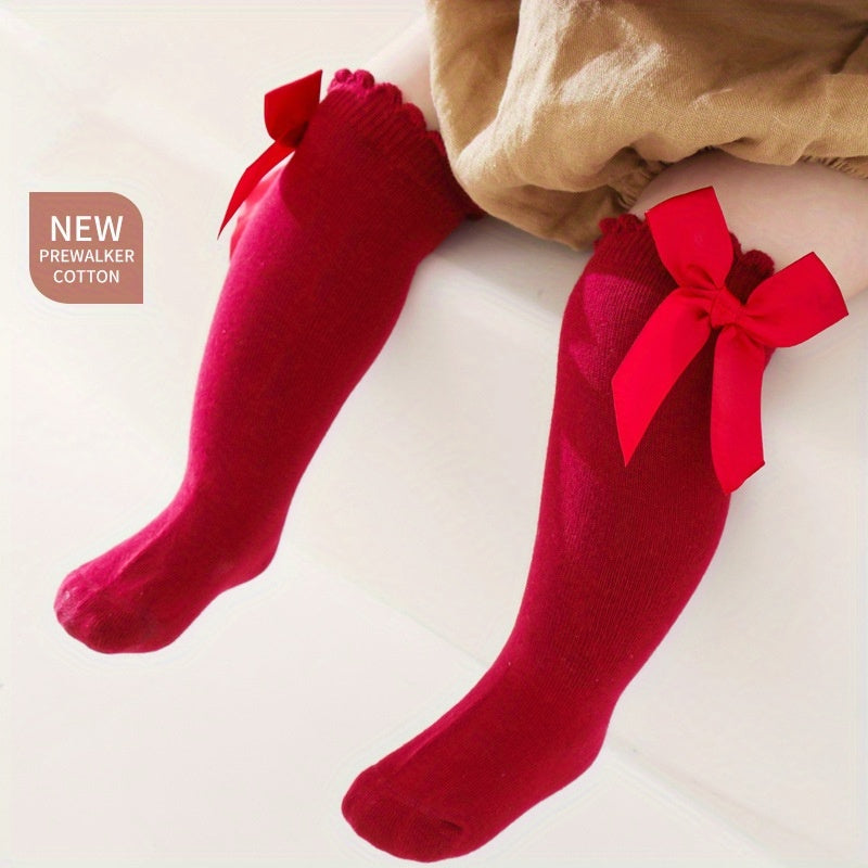 1pairs Baby Girls Cotton Big Bow Decor Cute Princess Over The Knee Socks, Girls Toddlers Kids Cute Lace Solid Color Long Stockings Dress Socks