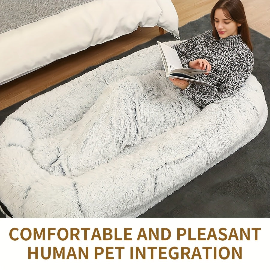 Gray Luxurious Orthopedic Memory Foam Dog Bed - Human-Sized, Washable Faux Fur, Includes Full Pillow, Blanket & Cushion - Ideal for Napping & Snuggling