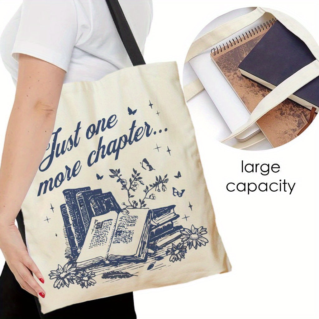 1pc Just One More Chapter Book Lover Tote Bag – Fun & Stylish Polyester Handbag for Women, Perfect Gift for Reading Enthusiasts, with Bookshelf & Butterfly Design, Casual Tote Bag | Literary Themed Tote | Contrasting Handle