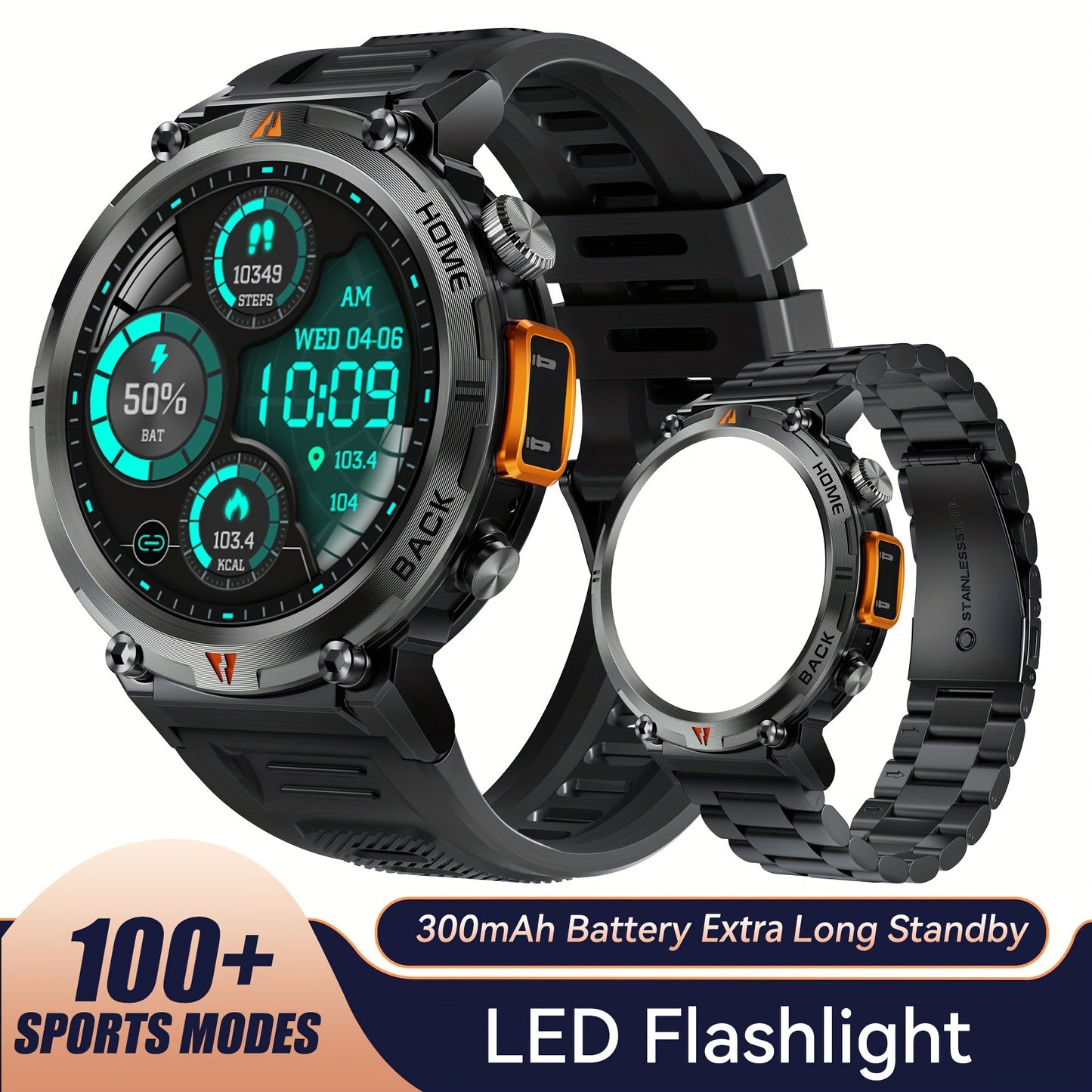 1pc JELLOO Men'S Smartwatch with 360p TFT Display, 1.45" Screen, 300mAh Rechargeable Battery, 3ATM Water Resistance, Wireless 5.2, USB Charging, LED Flashlight, Pedometer, Sports Modes, Compatible with iPhone & Android - Idea