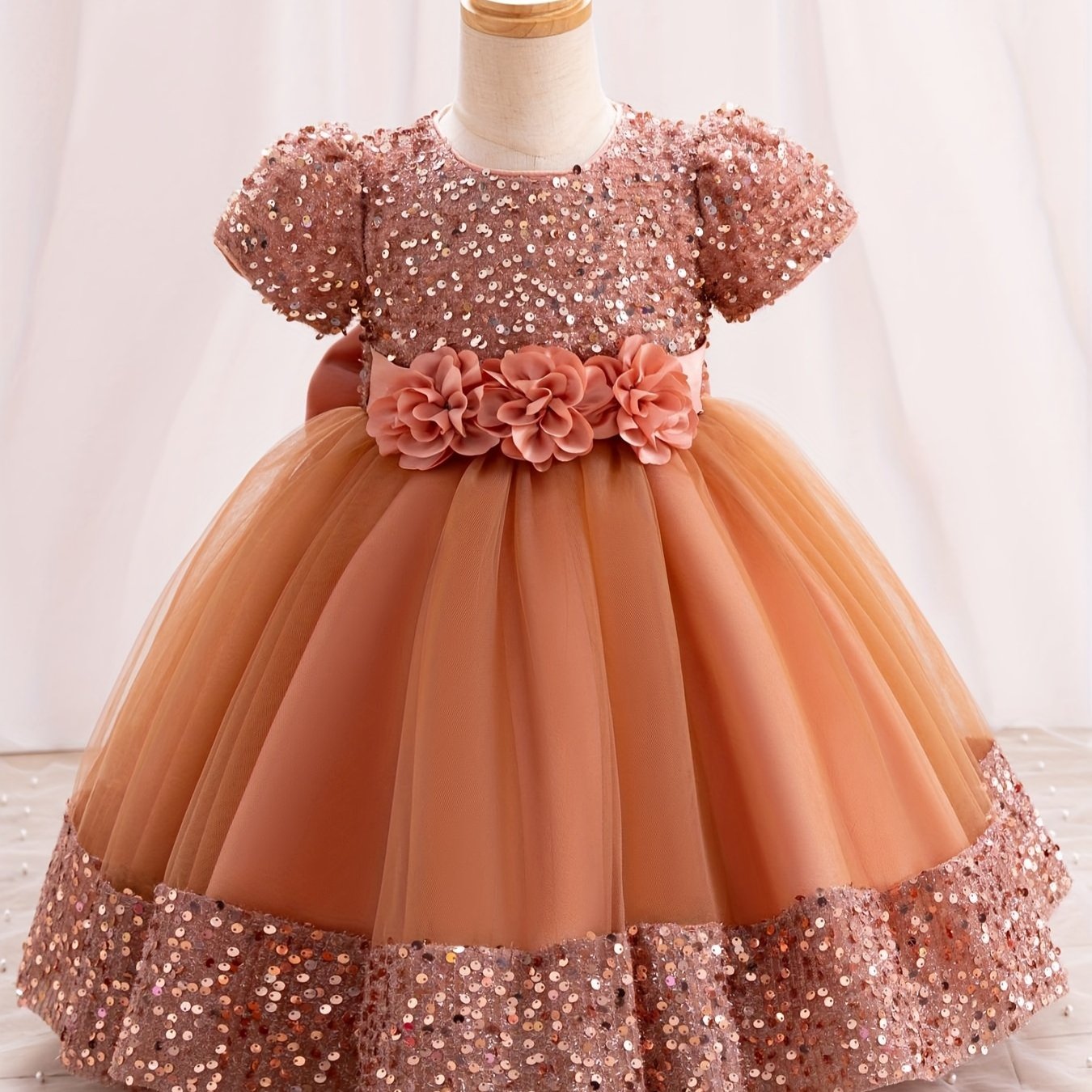 Gorgeous Sequin Flower Decor Puff Short Sleeve Tutu Dress Princess Dress Girls Kids Clothes Party Christmas