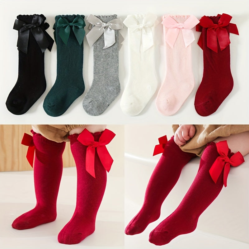 1pairs Baby Girls Cotton Big Bow Decor Cute Princess Over The Knee Socks, Girls Toddlers Kids Cute Lace Solid Color Long Stockings Dress Socks