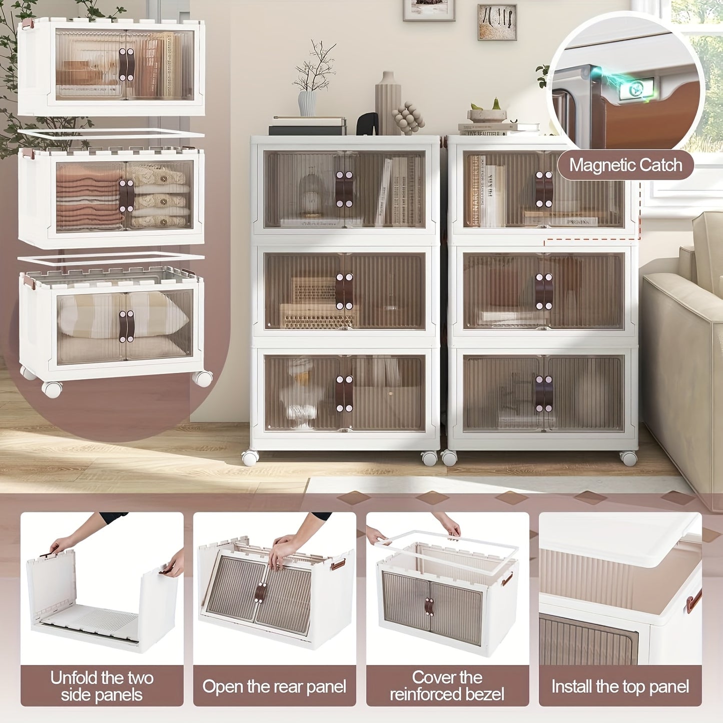 Foldable 19.69inch storage box 1/2/3 layers, large double opening storage organizer, large storage box with lid and wheels for clothes, snacks, and books, home office outdoor foldable container, kitchen storage cabinet