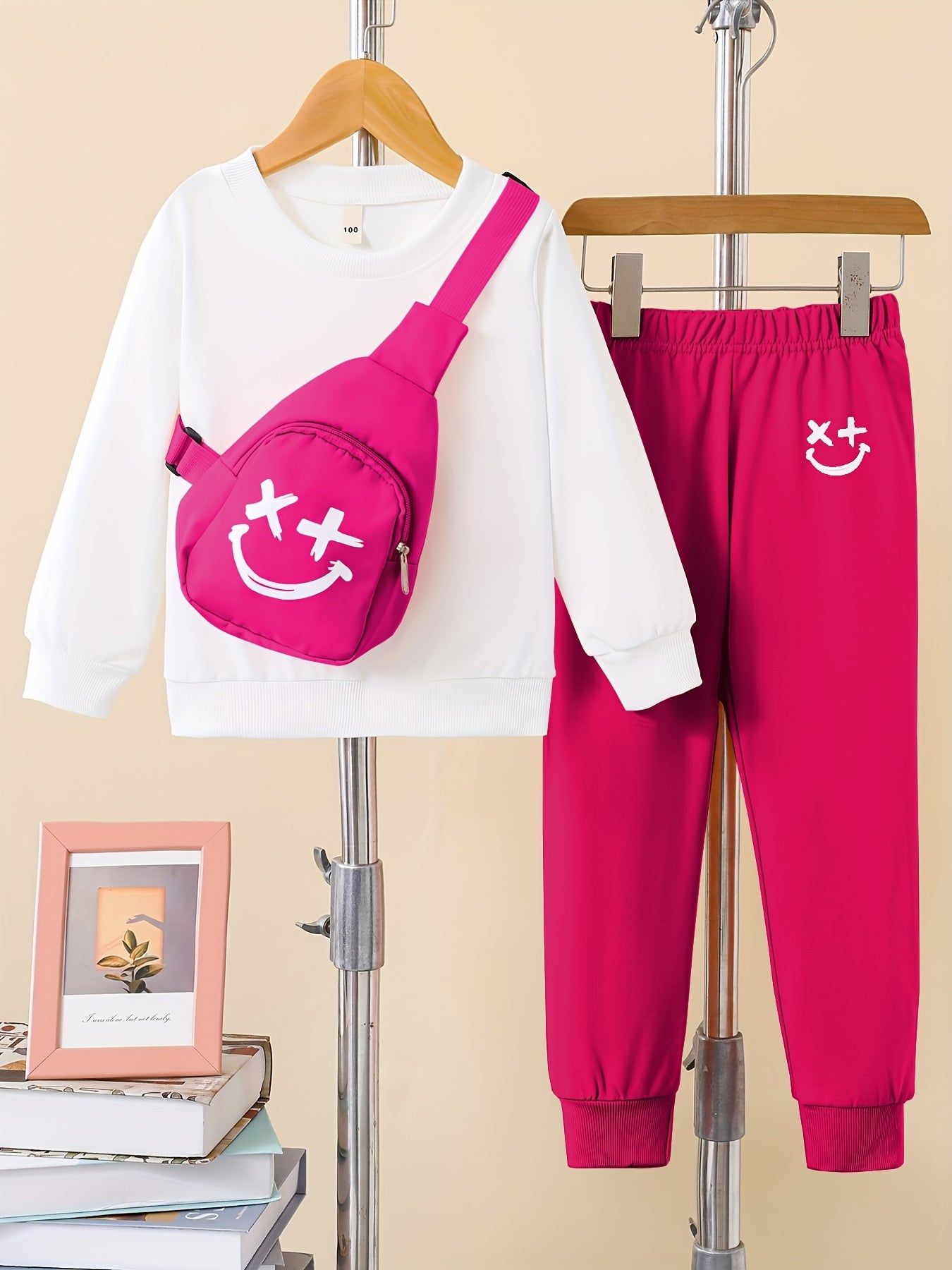 Girls 3pcs Trendy Sets, Solid Sweatshirt & Jogger Pants & Bag Sets Kids Clothes For Autumn Outdoor Sports