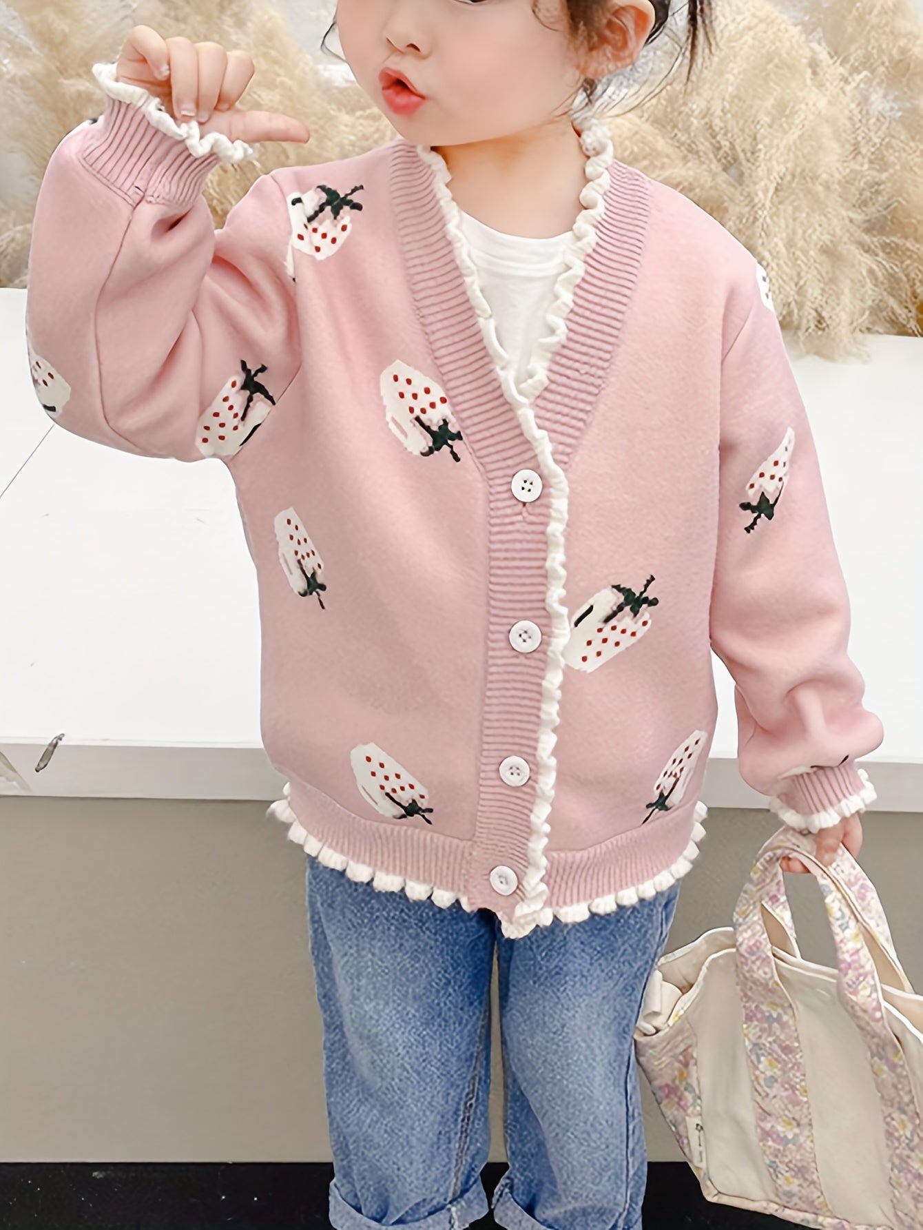 Girls' Stylish Fleece Sweater, Kids' Fashionable Warm Knitted Jacket for Toddlers and Babies