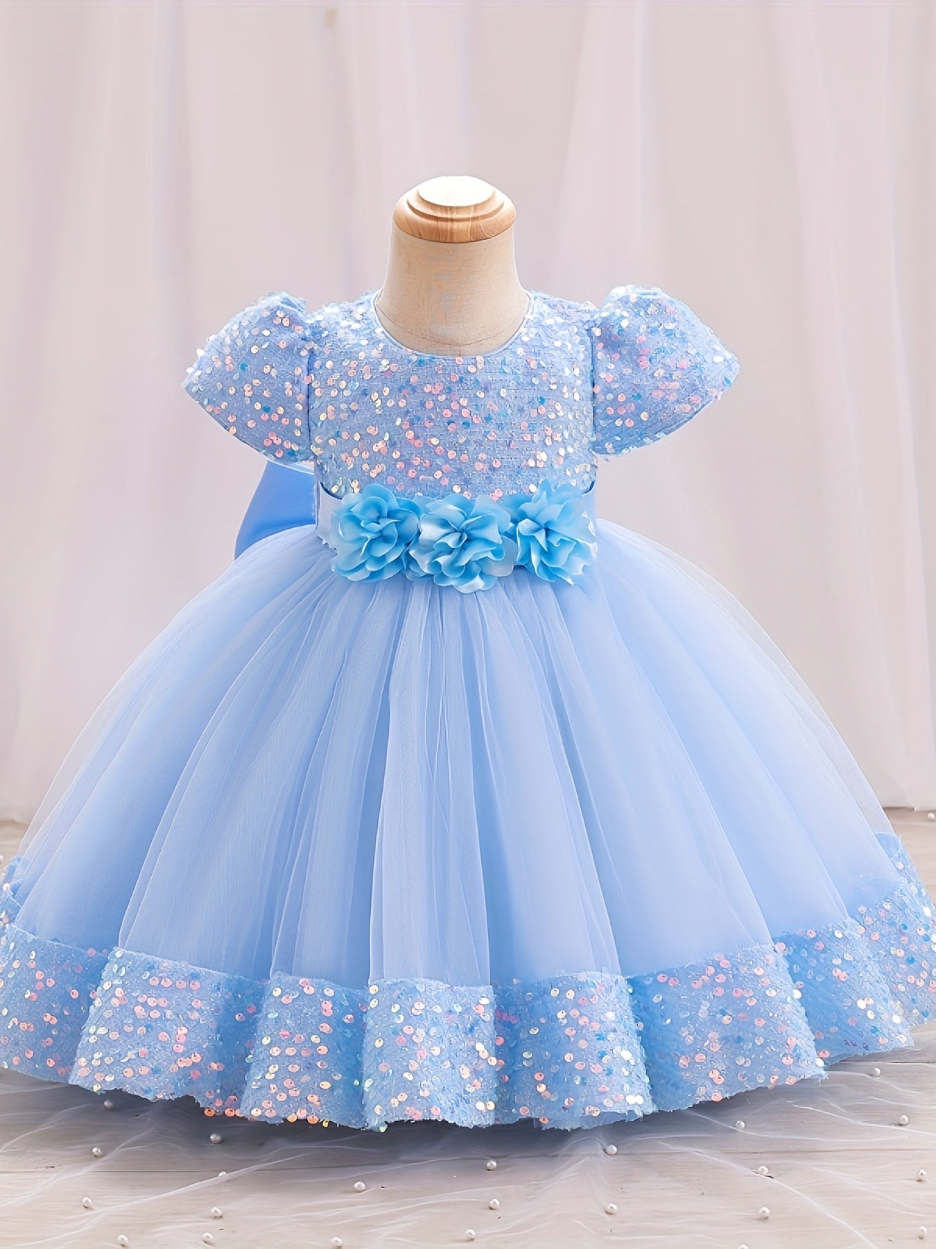 Gorgeous Sequin Flower Decor Puff Short Sleeve Tutu Dress Princess Dress Girls Kids Clothes Party Christmas
