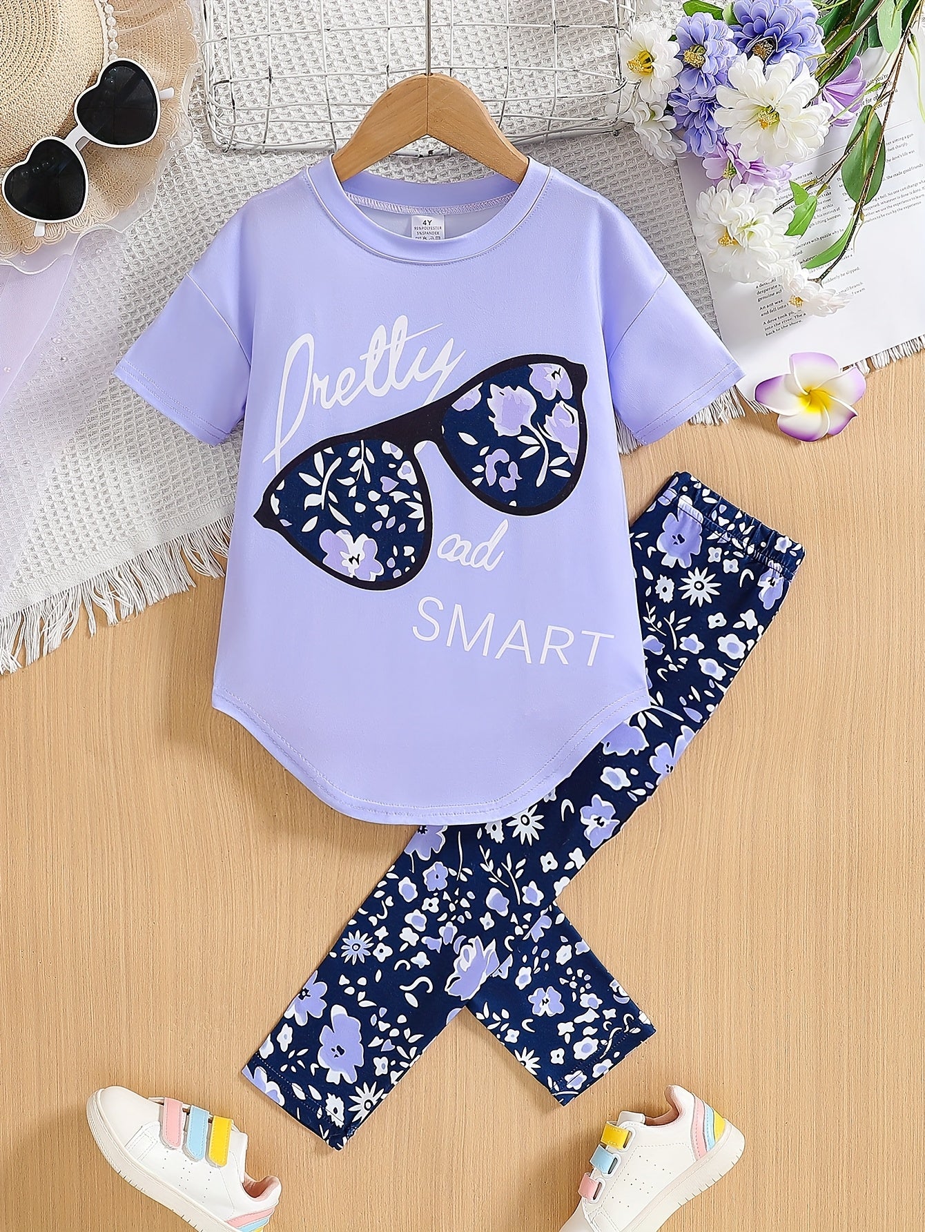 [Summer Outfit] 2pcs Girls' Summer Outfit | Large Glasses Print Pattern Drop Shoulder Irregular Hem Design Loose Short Sleeve T-Shirt + Floral Print Skinny Nine-Tenths Bottoms Set - Holiday Gift Girls' Fashion Casual Kids Sui