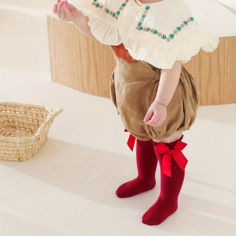 1pairs Baby Girls Cotton Big Bow Decor Cute Princess Over The Knee Socks, Girls Toddlers Kids Cute Lace Solid Color Long Stockings Dress Socks