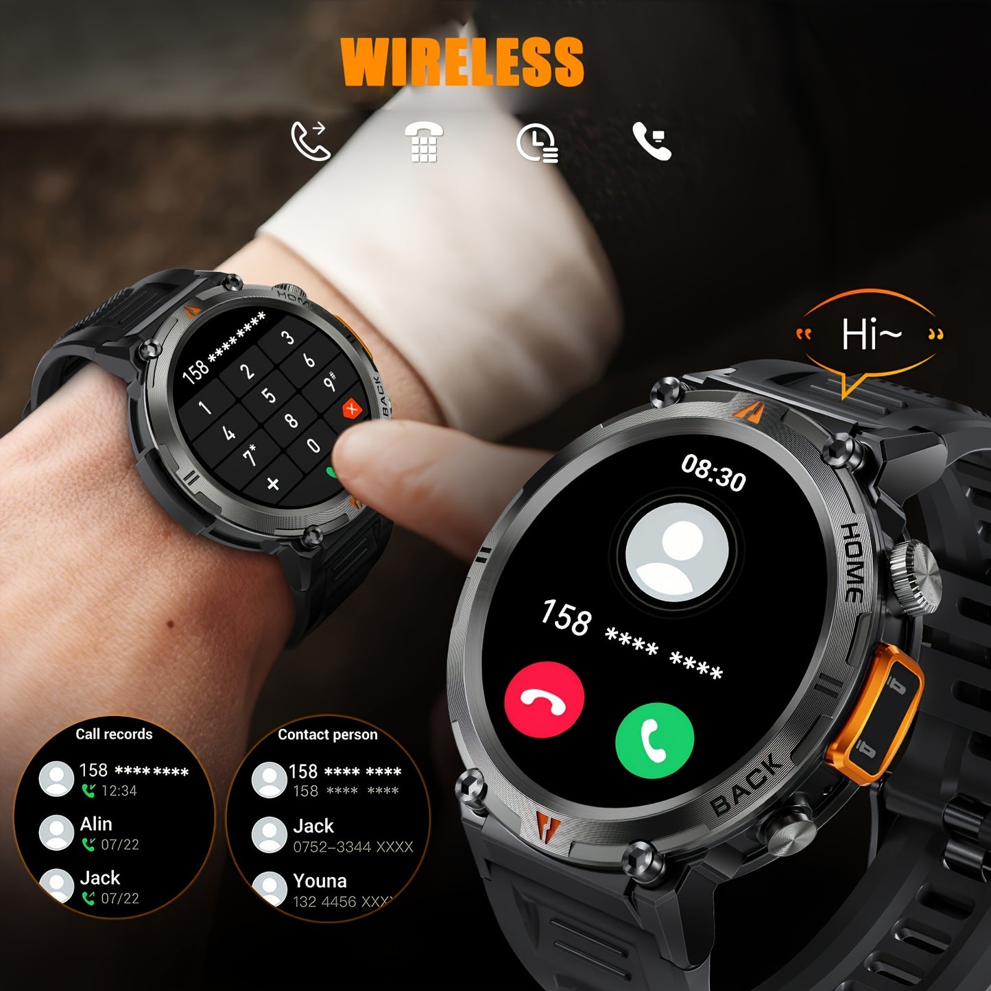 1pc JELLOO Men'S Smartwatch with 360p TFT Display, 1.45" Screen, 300mAh Rechargeable Battery, 3ATM Water Resistance, Wireless 5.2, USB Charging, LED Flashlight, Pedometer, Sports Modes, Compatible with iPhone & Android - Idea
