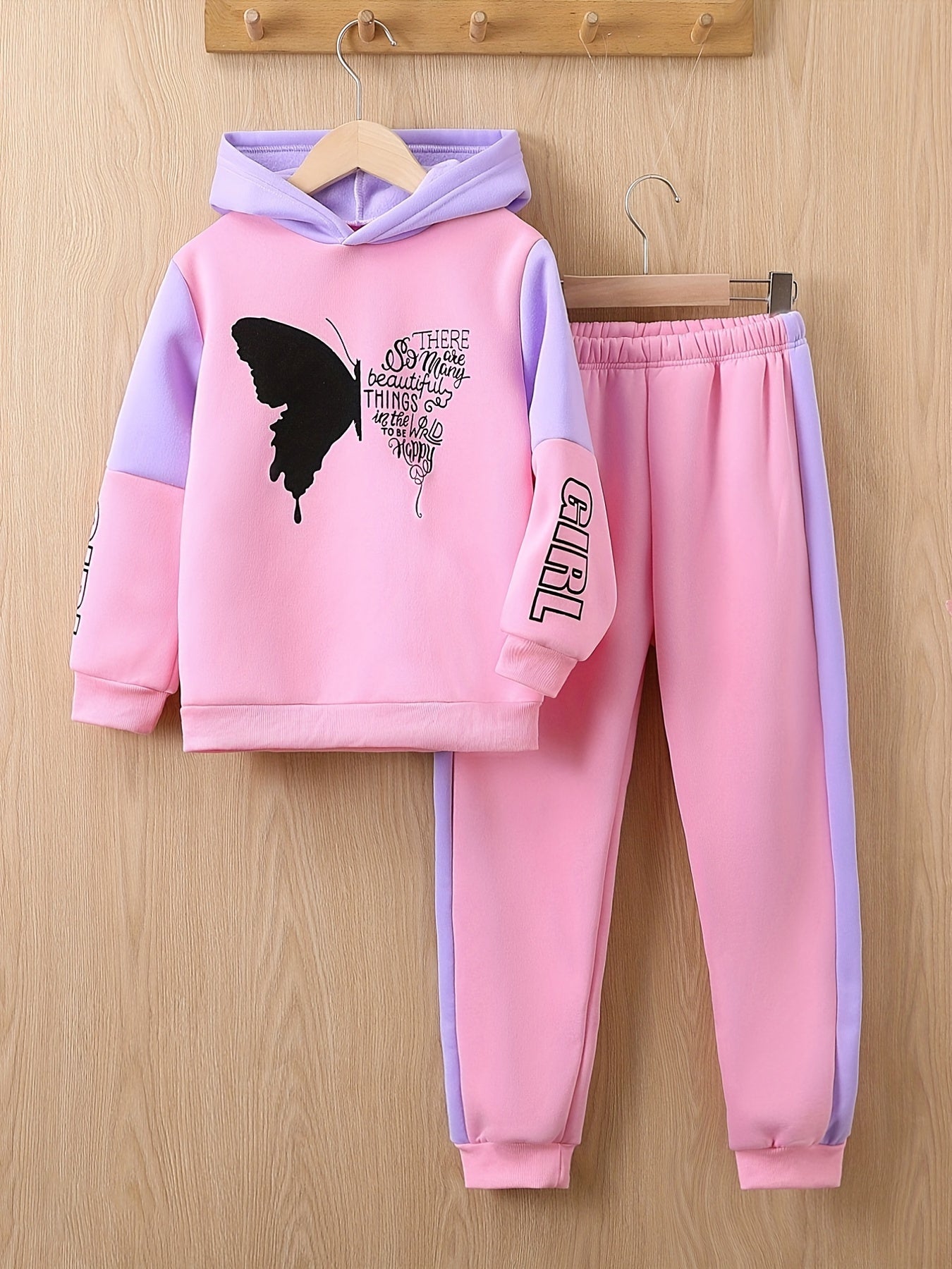 [For 4-12 Years Old Butterfly Sweatshirt] Girls 2-piece Butterfly Print Fleece Hooded Sweatshirt And Trousers Outdoor Set Kids Pre Teen Girls Warm Active outdoor clothes For 4-12 Years Old, Outdoor Cloth