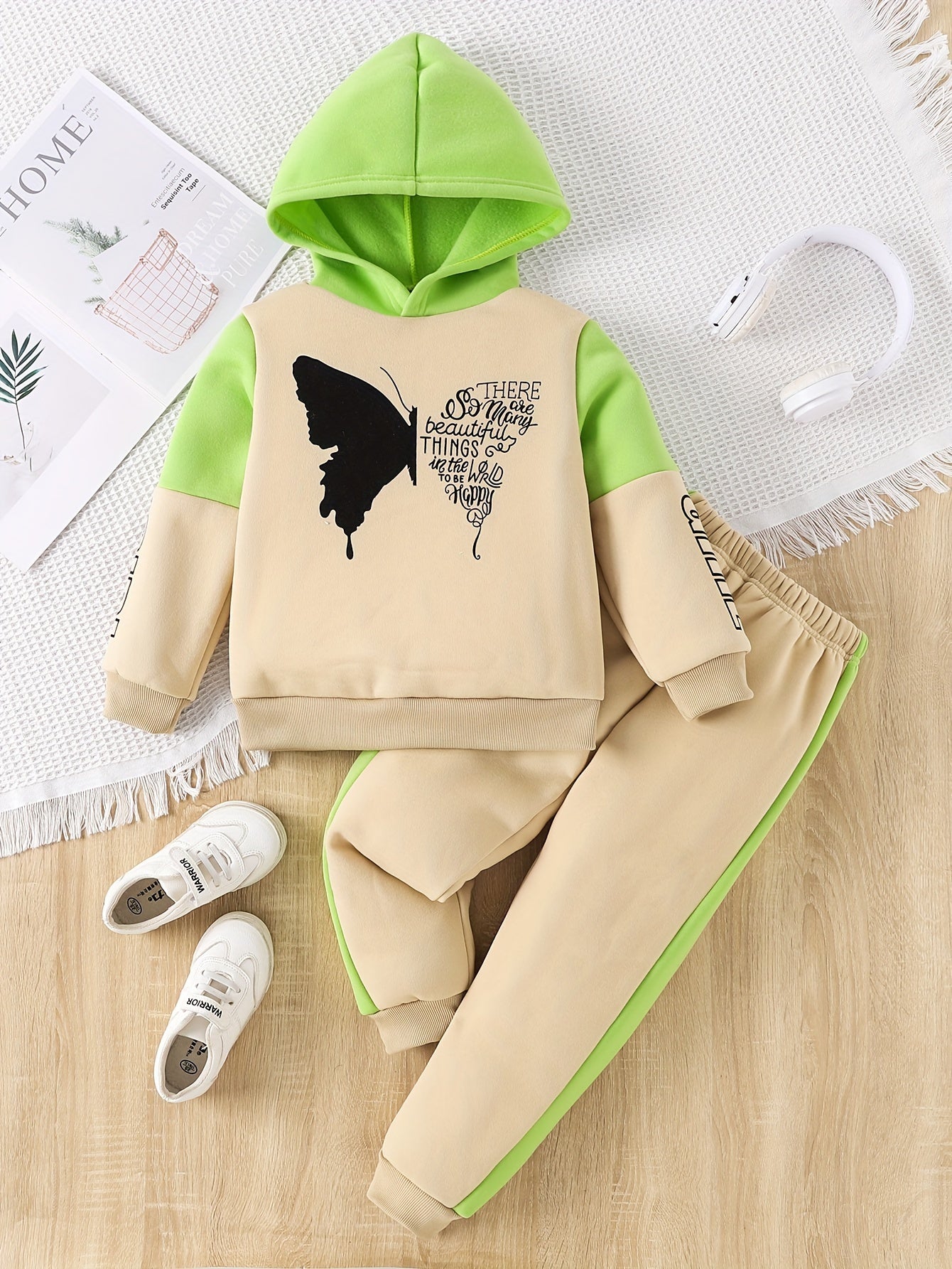 [For 4-12 Years Old Butterfly Sweatshirt] Girls 2-piece Butterfly Print Fleece Hooded Sweatshirt And Trousers Outdoor Set Kids Pre Teen Girls Warm Active outdoor clothes For 4-12 Years Old, Outdoor Cloth