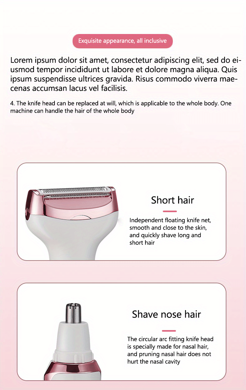 4in1 Women's Electric Hair Remover Multifunctional Women's Electric Shaver Trimmer Set Bikini Line Trimmer for Women USB Rechargeable for Eyebrows, Nose, Face Legs Hair Removal Portable Gentle Perfect Gift for Women