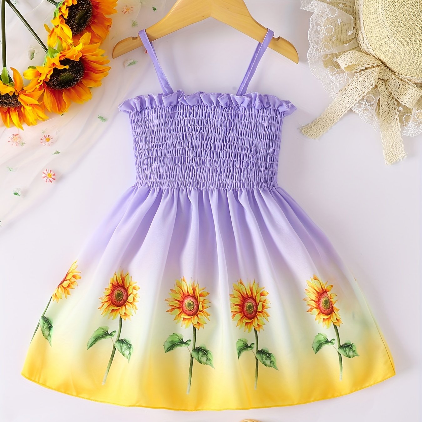 [Sunflower | Girls] Gradient Color Sunflower Princess Dress | Toddler Girls Shirred Cami Frill Trim | For Party Beach Vacation Kids Summer Clothes 4th Of July Outfit