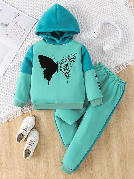 [For 4-12 Years Old Butterfly Sweatshirt] Girls 2-piece Butterfly Print Fleece Hooded Sweatshirt And Trousers Outdoor Set Kids Pre Teen Girls Warm Active outdoor clothes For 4-12 Years Old, Outdoor Cloth