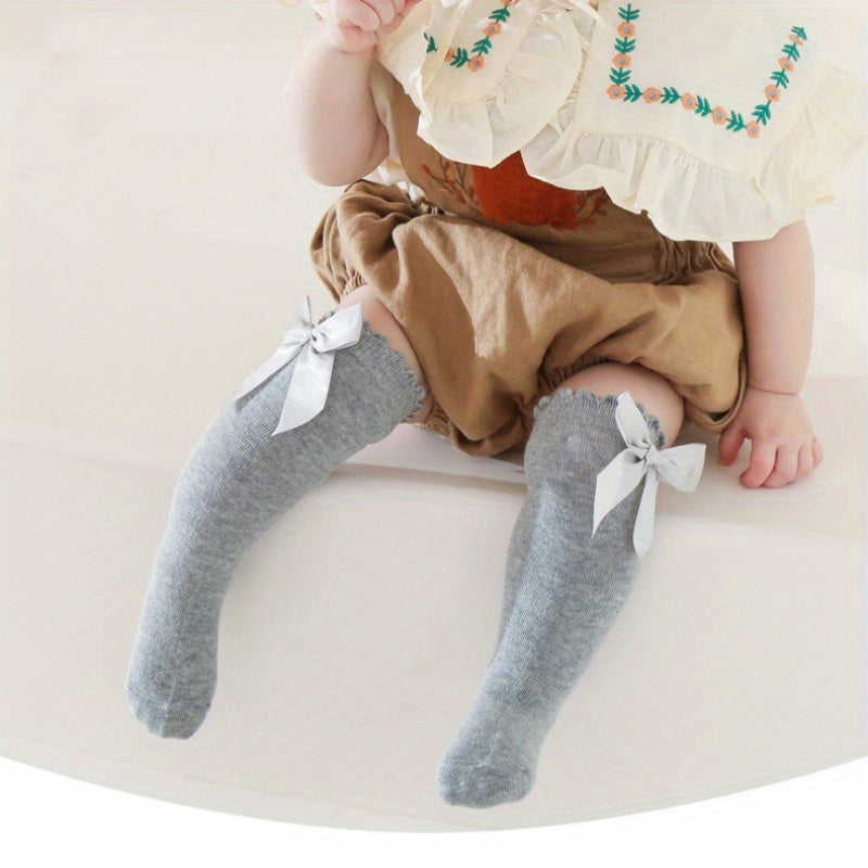 1pairs Baby Girls Cotton Big Bow Decor Cute Princess Over The Knee Socks, Girls Toddlers Kids Cute Lace Solid Color Long Stockings Dress Socks