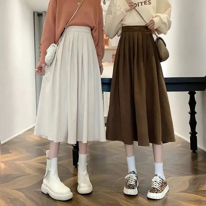 Xpqbb Korean Style Women's Midi Skirt 2025 Autumn High-Waisted Corduroy Long Skirt Women College Style Pleated A-Line Skirts