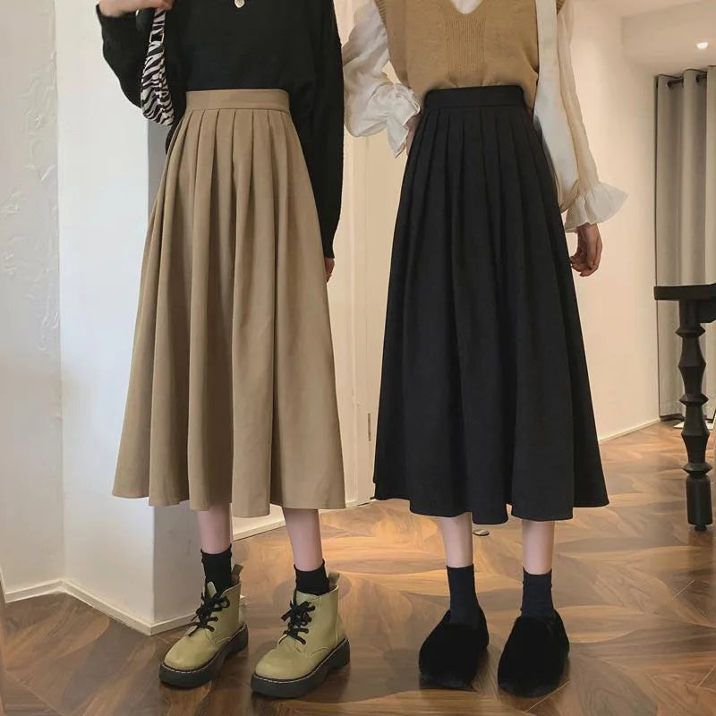 Xpqbb Korean Style Women's Midi Skirt 2025 Autumn High-Waisted Corduroy Long Skirt Women College Style Pleated A-Line Skirts