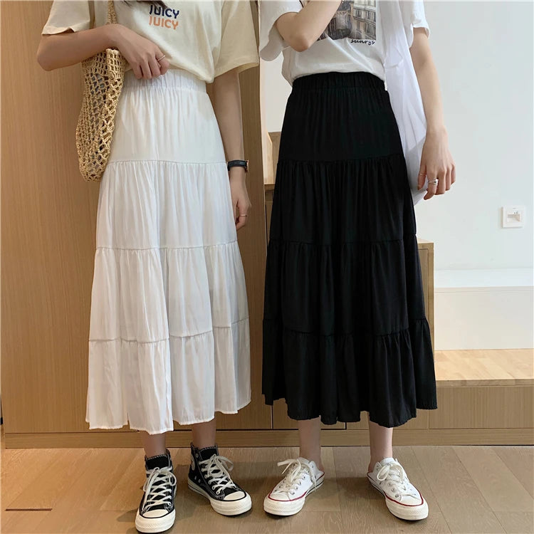 Spring Summer Women Chiffon Skirts Vintage High Waist Elastic Patchwork White Black Chic Long Cake A-line Skirt for Student